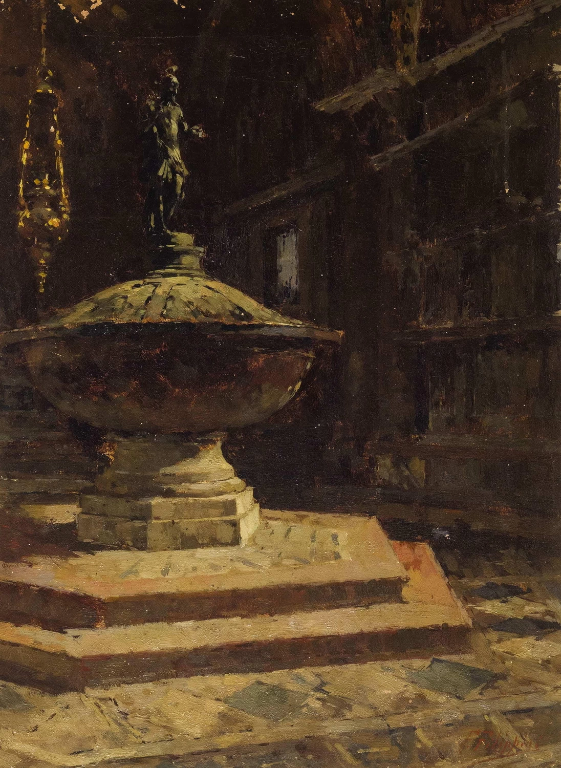 62-Francesco Filippini-Interno di chiesa con fonte battesimale  